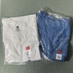 NWT Lot of Two 100% Cotton Hanes Pocket Tees Blue & White SZ Lrg